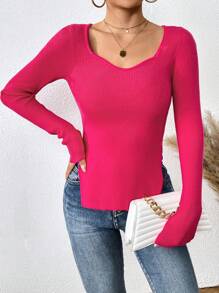 Chiquease Áo len chui đầu cổ tim xẻ tà, chất liệu dệt kim gân, thích hợp cho mùa thu đông. - Màu Hồng Tươi - Xem 4