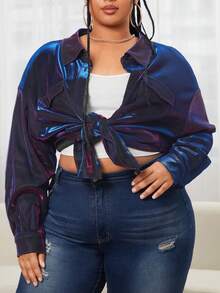 SHEIN CURVE+ Plus Holographic Drop Shoulder Shirt - Purple - View 6
