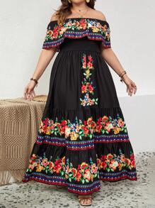 SHEIN VCAY Plus Floral Print Off Shoulder Ruffle Hem Summer Dress - Black - View 3