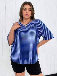 SHEIN LUNE Talla grande Camiseta de rayas de manga raglán - Azul - Ver 6