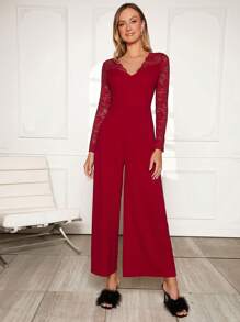 SHEIN Privé 1 Miếng Ren tương phản Áo liền quần ống rộng - Màu Đỏ Sâu - Xem 7