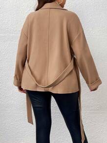 Celure 大碼西裝領雙口袋落肩袖腰帶花呢外套 - 卡其色 - 查看 2