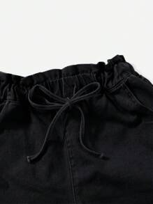 Drawstring Waist Roll Hem Denim Shorts - Black - View 3