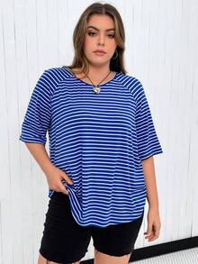 SHEIN LUNE Talla grande Camiseta de rayas de manga raglán - Azul - Ver 3