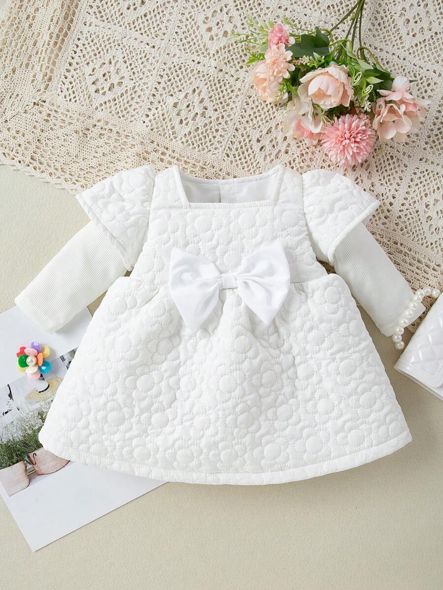 Baby Girl Floral Jacquard Bow Front Ruffle Trim Dress - White - View 1