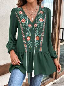 SHEIN LUNE Floral Print Tassel Tie Neck Flounce Sleeve Ruffle Hem Blouse - Green - View 4