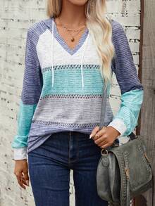 SHEIN LUNE Capucha de color combinado de manga raglán con cordón - Multicolor - Ver 6