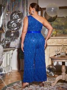 Glamaker Plus One Shoulder Belted Sequin Wide Leg Jumpsuit - Royal Blue - View 2