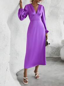 SHEIN Clasi Cổ Lao Tay áo lồng đèn Xù Đầm ôm sát ngực - Màu tím - Xem 6