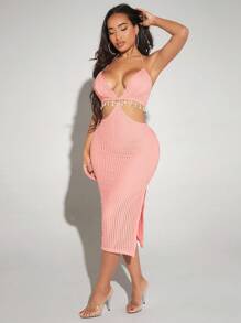 SHEIN SXY Lace Up Backless Split Thigh Halter Dress - Coral Pink - View 4