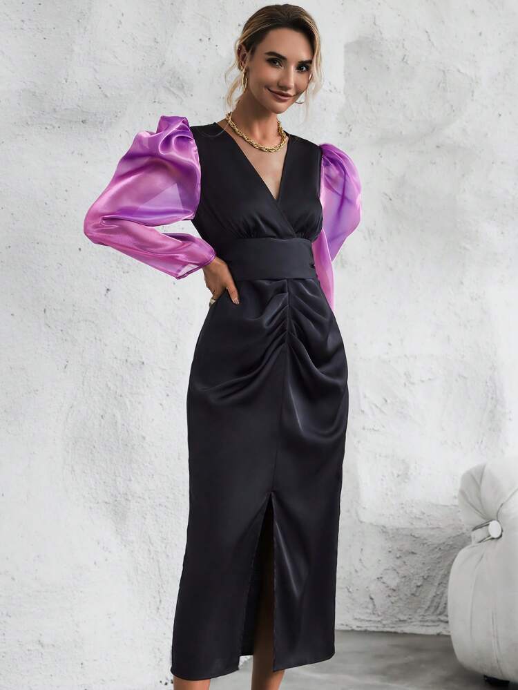 Colorblock Ruched Split Thigh Dress