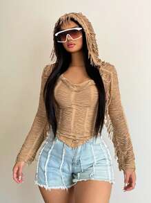 SHEIN SXY Solid Hooded Crop Tee - Khaki - View 4