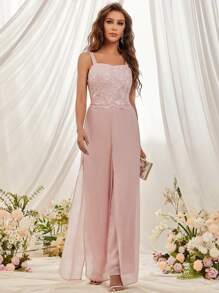 Eilly Bazar Contrast Lace Cami Party Jumpsuit - Baby Pink - View 4