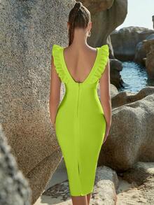深V領荷葉邊緊身緊身洋裝 - 綠色 - 查看 2
