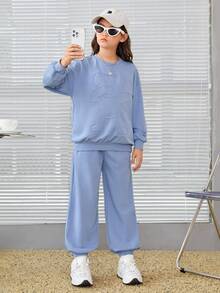 SHEIN 女大童熊壓花落肩袖套頭衫和運動褲 - 淺藍色 - 查看 3