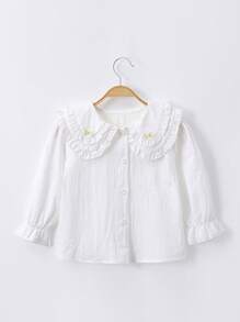 可愛前紐扣 刺綉 揉皺繪圖女童（小）襯衫