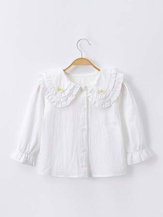 可愛前紐扣 刺綉 揉皺繪圖女童（小）襯衫