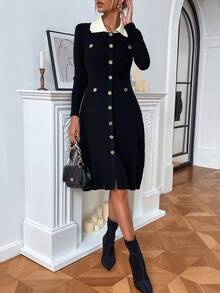 优雅针织连衣裙，有领，长袖，百搭秋冬时尚，女士欧式长裙，长款派对连衣裙 - 黑色 - 查看 8