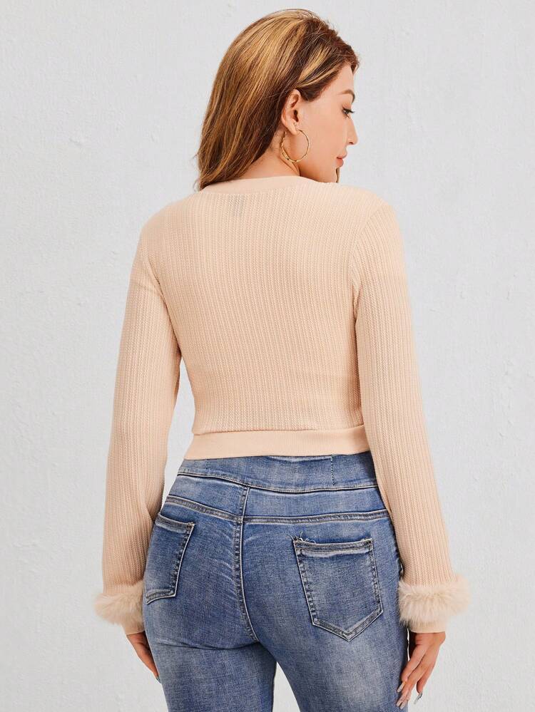 Fuzzy Trim Button Front Crop Jacket