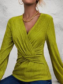 SHEIN Clasi Mặt trước xoắn Tay áo lồng đèn Áo thun - Màu xanh Ô liu - Xem 7