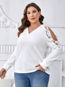 SHEIN Clasi 大碼蕾絲拼接挖肩運動衫 - 白色 - 查看 1