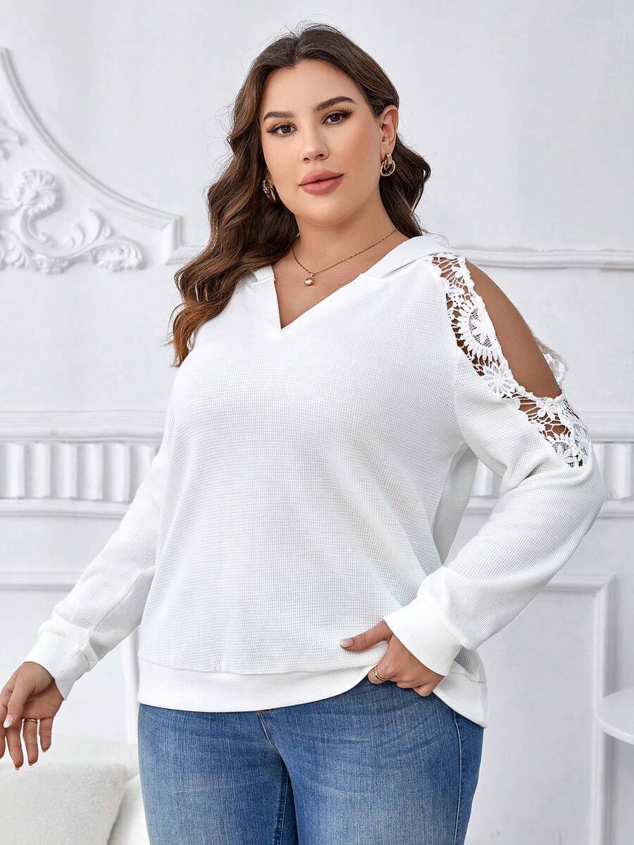 SHEIN Clasi 大碼蕾絲拼接挖肩運動衫 - 白色 - 查看 1