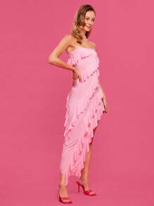 SHEIN Cottnline Layered Ruffle Trim Asymmetrical Hem Tube Dress - Baby Pink - View 4