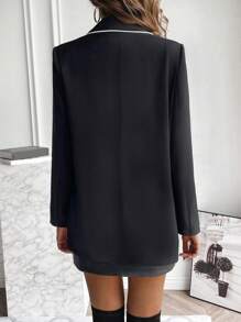 SHEIN Clasi Contrast Binding Double Breasted Blazer - Black - View 2