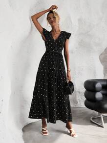 SHEIN Clasi 波點圖案荷葉邊洋裝 - 黑色 - 查看 3