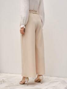 SHEIN Frenchy Nếp gấp cao eo Thắt lưng Quần ống rộng - Màu be - Xem 2