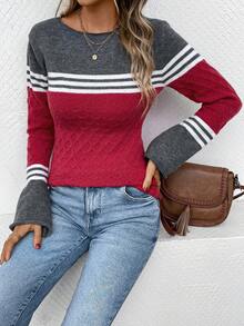 SHEIN LUNE 条纹图案撞色喇叭袖针织套头衫秋冬毛衣 - 彩色 - 查看 6