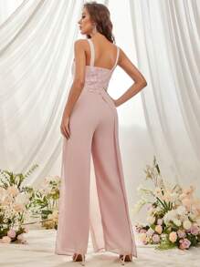 Eilly Bazar Contrast Lace Cami Party Jumpsuit - Baby Pink - View 2