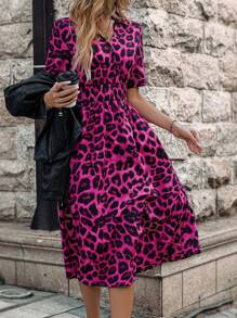SHEIN LUNE Leopard Print Half Button Dress - Hot Pink - View 6