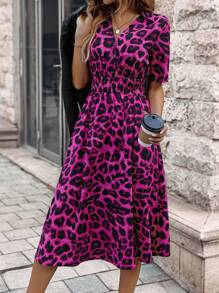 SHEIN LUNE Leopard Print Half Button Dress - Hot Pink - View 2
