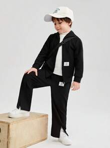 SHEIN 男小童字母補丁細節拉鏈連帽衫&下擺開叉長褲&小高領T恤 - 黑與白 - 查看 5