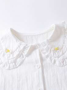 可愛前紐扣 刺綉 揉皺繪圖女童（小）襯衫