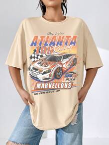 SHEIN EZwear Đồ họa ô tô và chữ cái Thả vai Áo phông Quá khổ - Màu be - Xem 5