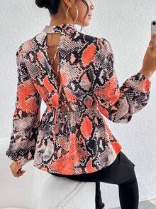 SHEIN Clasi In Da rắn Ren lên trở lại Tay áo lồng đèn Áo sơ mi Peplum - Nhiều màu - Xem 2