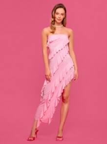 SHEIN Cottnline Layered Ruffle Trim Asymmetrical Hem Tube Dress - Baby Pink - View 3