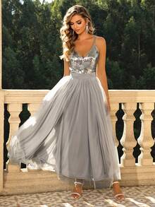 Joyfunear Vestido de tirantes con lentejuela en contraste de malla