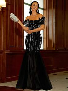 Missord Off Shoulder Sequin Mesh Hem Formal Dress - Black - View 7