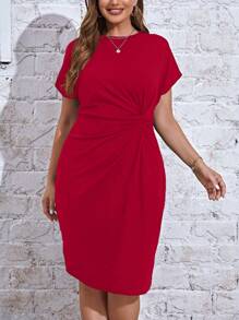 SHEIN Essnce 大碼前扭結蝙蝠袖洋裝 - 紅色 - 查看 1