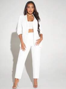 SHEIN SXY Shawl Neck Open Front Blazer & Pants Without Cami Top In Fall/Winter - White - View 1