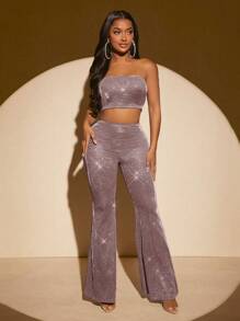 SHEIN SXY Glitter Crop Tube Top & Flare Leg Pants - Dusty Pink - View 3