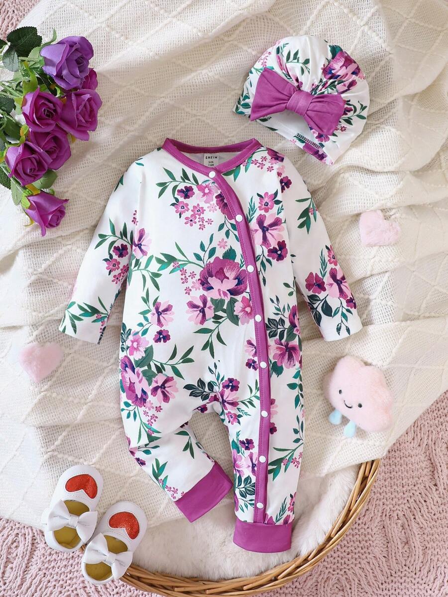 Baby Girls' Cute Long Sleeve Floral Print Jumpsuit For Autumn - Purple - View 1