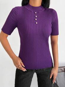 RueChic Solid Mock Neck Knit Top - Purple - View 4