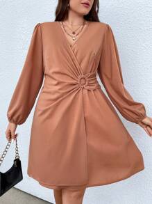 Calvaya Plus Ring Linked Lantern Sleeve Dress - Apricot - View 5