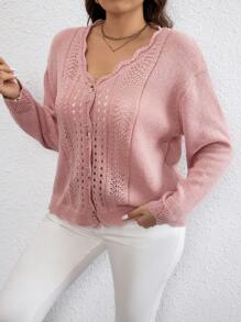 SHEIN Clasi Áo len cardigan dệt kim màu trơn cỡ lớn thanh lịch khoét rỗng lãng mạn, mùa thu/đông - Hồng - Xem 3