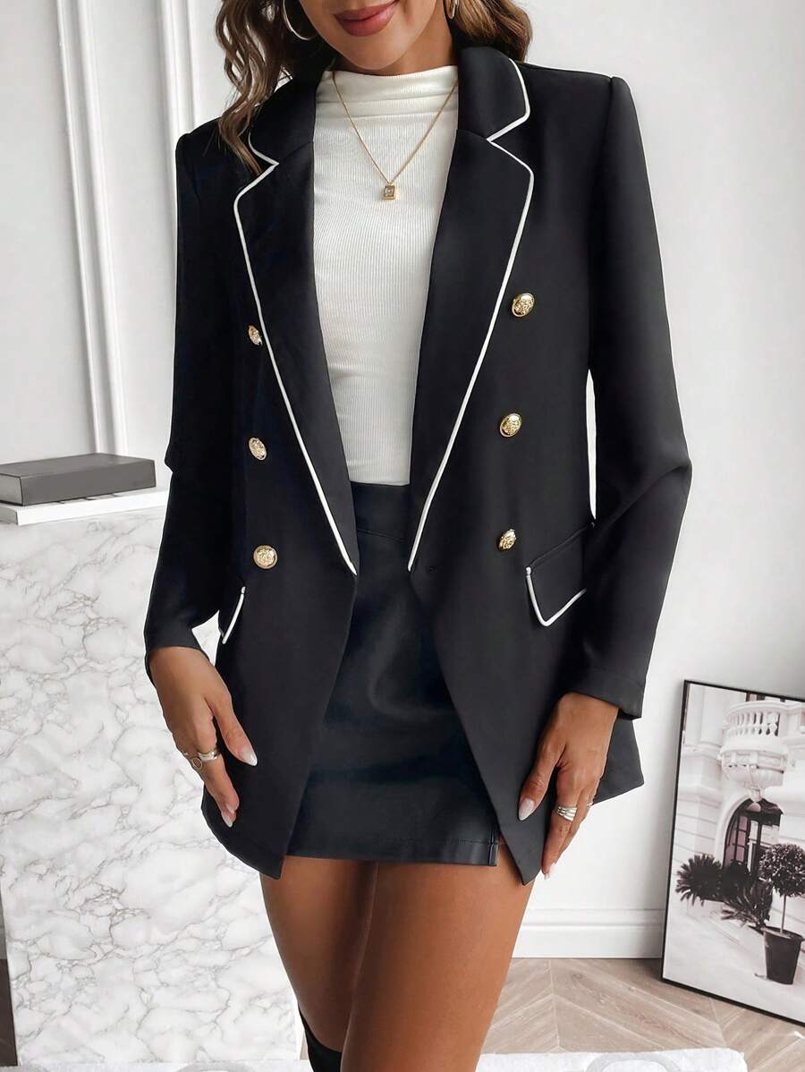 SHEIN Clasi Contrast Binding Double Breasted Blazer - Black - View 1