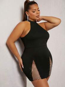 SHEIN Unity 加大號鑽石網紗露背連身裙 - 黑色 - 查看 1